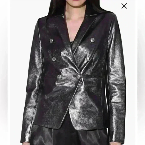 NWT WALTER BAKER Marley Double Breasted Metallic Leather Blazer SZ M in gunmetal - Picture 2 of 4